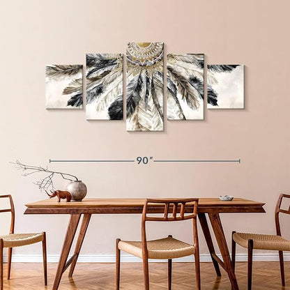 ElephantStock - Necklace Of Feathers Iii Wall Art - Horizontal Multi Panel Canvas - 5 Piece Living Room Wall Decor - Painting Multi Piece Wall Art - Brown And Gray Decor by Eva Watts - 92" x 42"