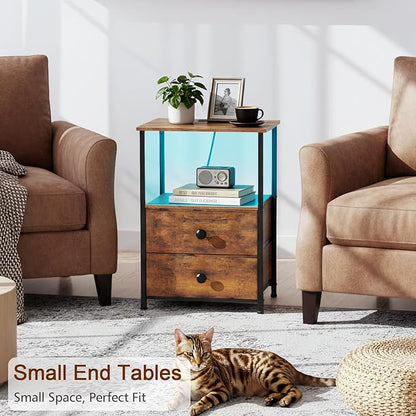 Night Stand Set 2, LED Nightstand with Charging Station, End Tables with Storage Shelf for Small Space, Bedside Table with 2 Fabric Drawers for Bedroom, Brown HETS02PQBR