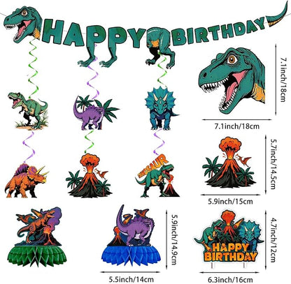 185PCS Dinosaur Birthday Party Decorations, Dinosaur Party Supplies Plates and Napkins Set, Dino Tableware, Banner, Hanging Swirls, Tablecloth, Cake Cupcake Topper, Ballons Cutlery Sets