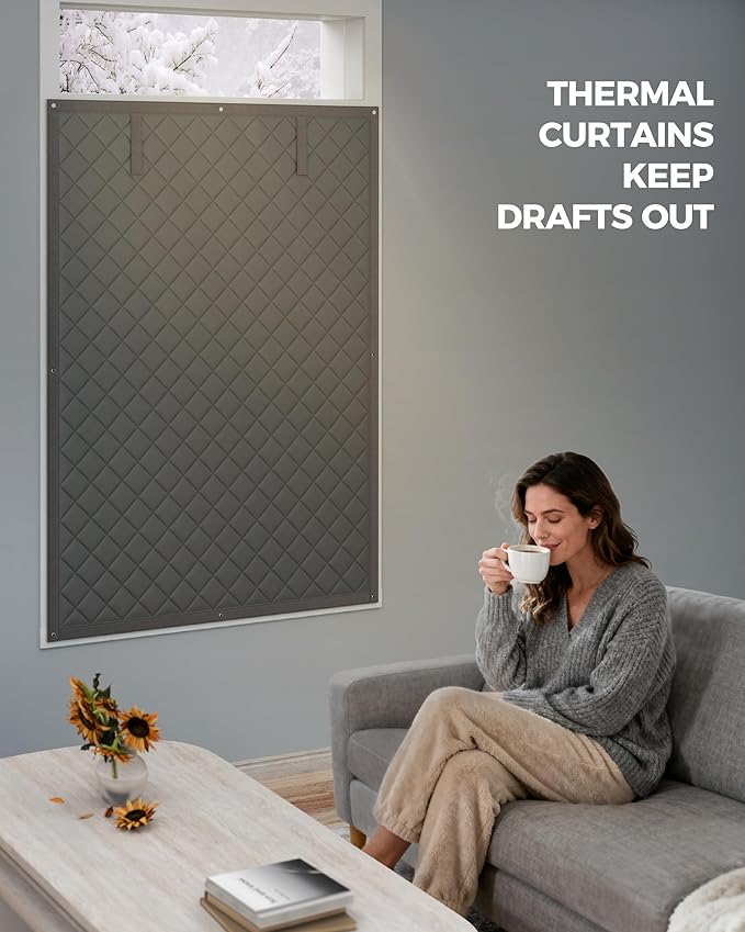 Window Insulation for Winter, 2 Pack Curtain Size 46" x 62", Thermal Insulated Window Cover of Oxford Cloth Thicken Cotton Fiber for 44"× 60" Window, Grey