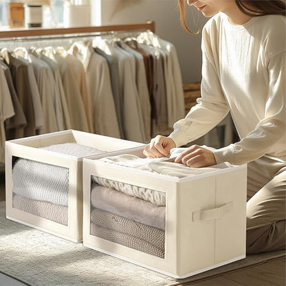 Large Storage Baskets with Lids - Stackable Cube Bins for Closet, 6 Pack Beige Windows Organizer Bins, Home Organizers and Storage for Clothes, CD, Towels