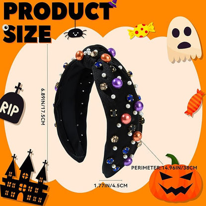 Halloween Pearl Knotted Headband for Women Girls Non Slip Rhinestone Embellished Hair Hoop Halloween Headbands Hair Accessories Gift (Black)