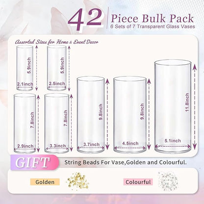 42pcs Glass Vase Cylinder Vases for Centerpieces 7 Vases of Different Sizes Small Flower Glass Clear Vases Home Decor Centerpiece Table Flower Vase Decorations for Wedding Decoration＆Holiday