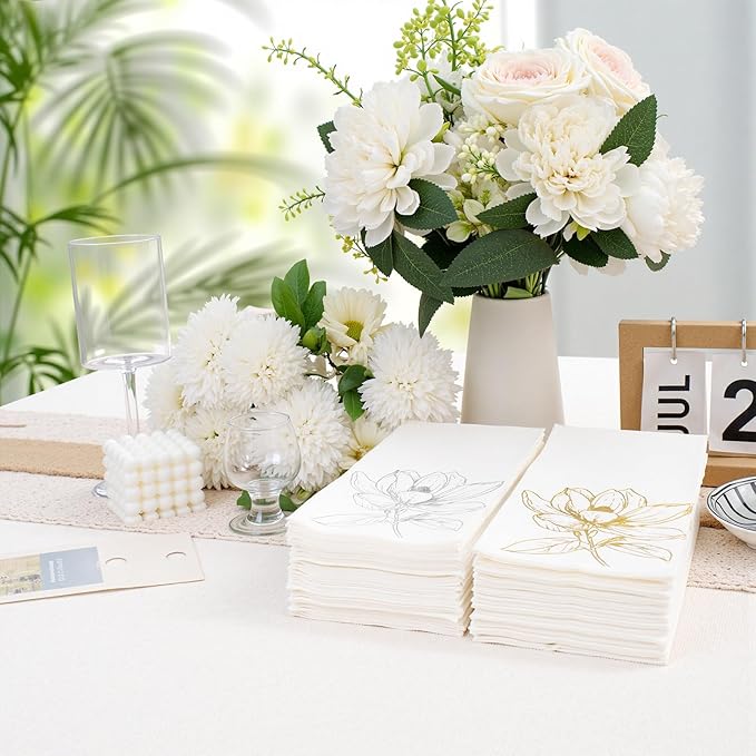 50 Pack Gold Magnolia Napkins - Gold Floral Disposable Napkins - Cloth-Like Feel Dinner Paper - Retro Heavy Duty Hand Towels for Bathroom Wedding Holiday Party Bridal Decorative Towels