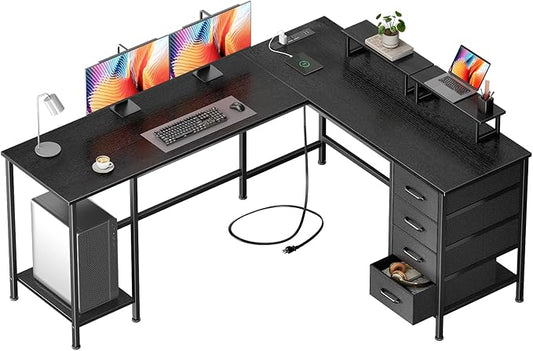 66" L Shaped Computer Desk, 94.4'' Home Office Desk with Power Outlets, 4 Adjustable Storage Drawers & 2 Monitor Stands, Large Two Person Gaming Table for Writing Study, Black