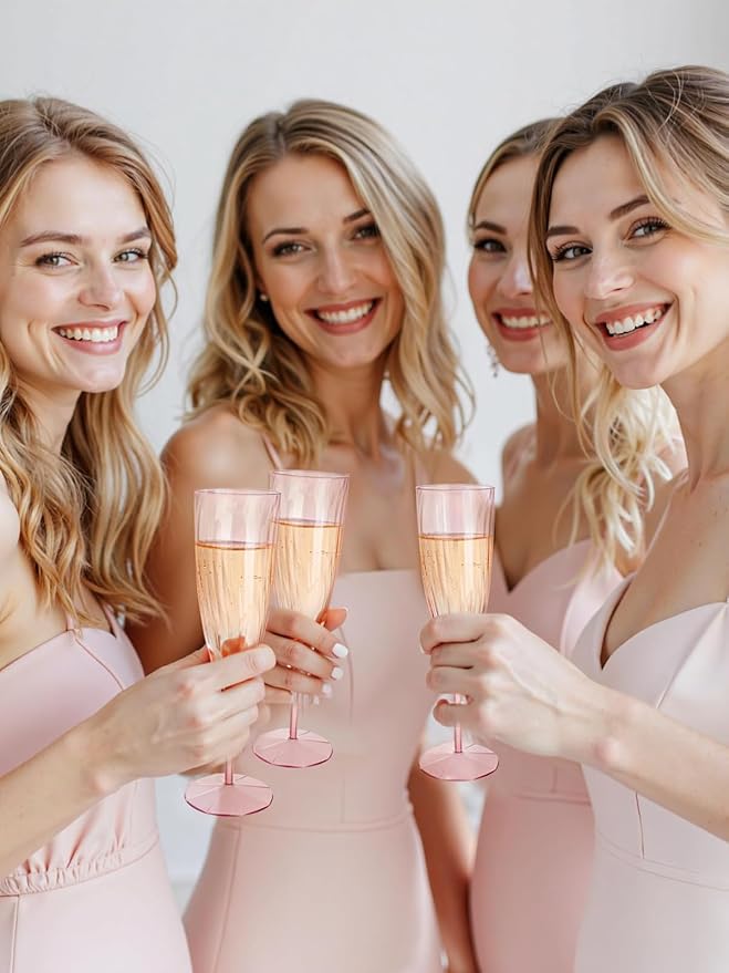 WDF 36PCS Pink Champagne Flutes Plastic - 6OZ Pink Disposable Champagne Flutes Party Supplies for Wedding/Birthday/Parties
