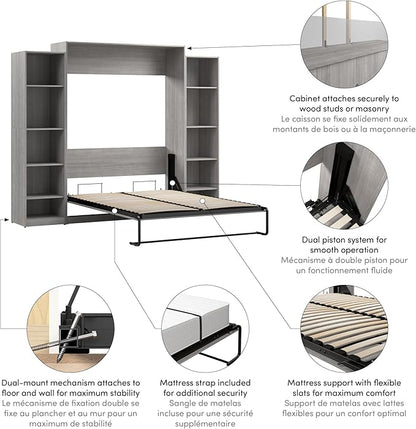 Bestar Claremont Queen Murphy Bed with Closet Organizers (105W) in Platinum Gray, Space-Saving Sleeping Arrangement for Multipurpose Room