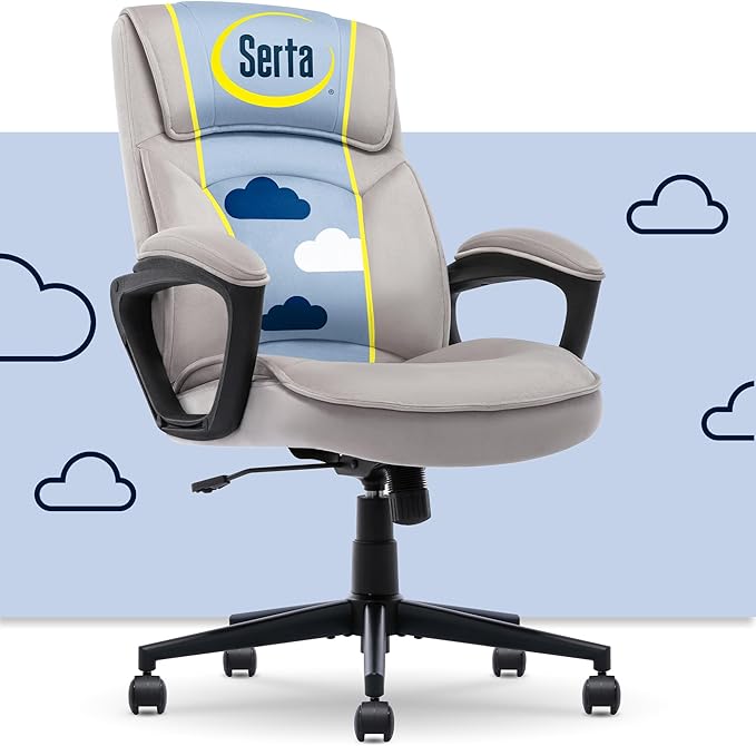 Serta Comfort Classic Executive Office Chair, Ergonomic Mid-Back Computer DeskChair with Lumbar Support, Semi-Plush Cushion and Body Pillows, Padded Armrests, Swivel Base, Taupe Velvet Fabric