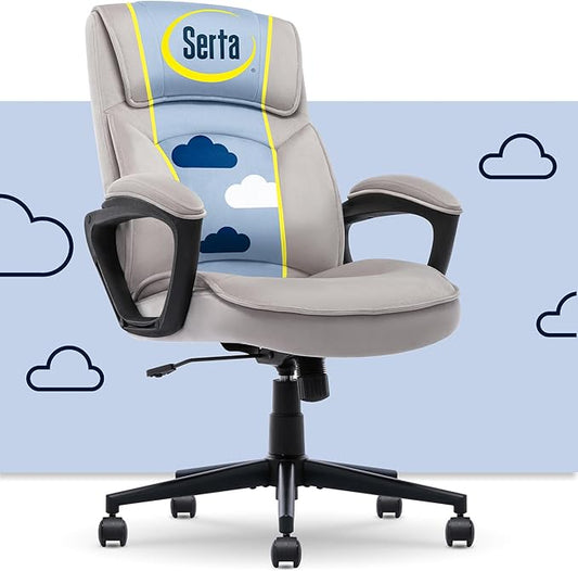 Serta Comfort Classic Executive Office Chair, Ergonomic Mid-Back Computer DeskChair with Lumbar Support, Semi-Plush Cushion and Body Pillows, Padded Armrests, Swivel Base, Taupe Velvet Fabric
