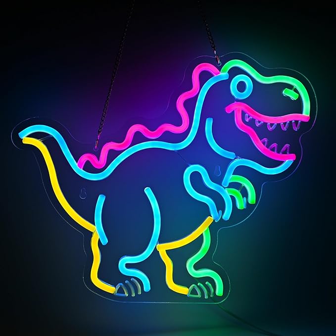 Kids Dinosaur Neon Light - Colorful LED Decor for Children's Bedroom, Dinosaur Birthday Party Decor, Gift for Boys & Girls Age 5-12, 15x12.4" USB Powered