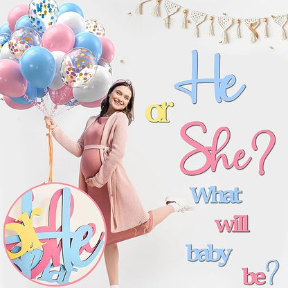 Large Wooden He or She Gender Reveal Sign Decals with 30 PCS Pink Blue Balloons 12 Inch Oh Baby Shower Sticker What Will Baby Be Backdrop Decoration Girl or Boy Sign for Pregnancy Backdrop Photo Props