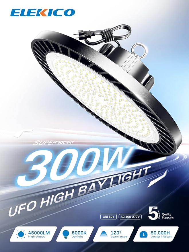 300W UFO Led High Bay Light| 5000K 45000LM High Bay Led Shop Lights with 5ft Cable Hanging Hook Safe Rope| Shop Light & Garage Lighting Lights for Factory Workshop Warehouse Garage Barn