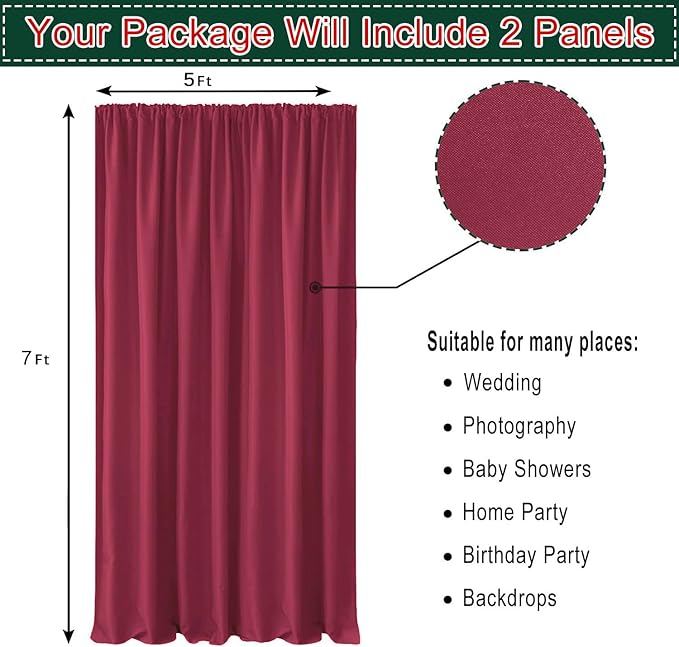 Hiasan Burgundy Backdrop Curtains for Parties, Polyester Photography Backdrop Drapes for Family Gatherings, Wedding Decorations, 5ftx7ft, Set of 2 Panels