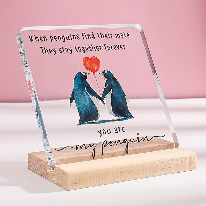 Valentines Day Gift for Her Him - Wedding Anniversary Acrylic Plaque Keepsake - Penguin Romantic I Love You Gifts for Couple Wife Husband Girlfriend Boyfriend Fiancee (Penguin)