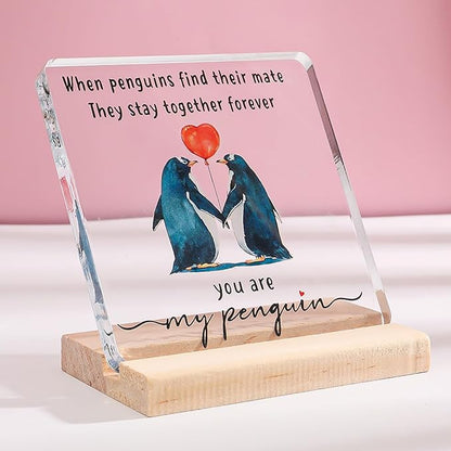 Valentines Day Gift for Her Him - Wedding Anniversary Acrylic Plaque Keepsake - Penguin Romantic I Love You Gifts for Couple Wife Husband Girlfriend Boyfriend Fiancee (Penguin)