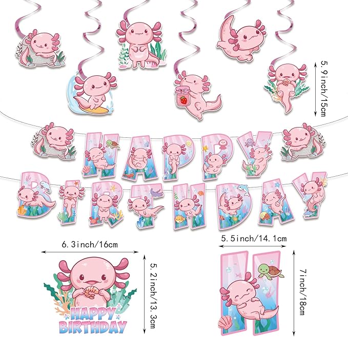 164PCS Pink Cartoon Axolotl Birthday Party Decorations, Tableware Axolotl Party Supplies Plates and Napkins Set, Banner, Hanging Swirls, Tablecloth, Cake Cupcake Topper, Reptile Animals Baby Shower