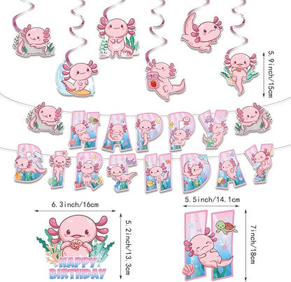 164PCS Pink Cartoon Axolotl Birthday Party Decorations, Tableware Axolotl Party Supplies Plates and Napkins Set, Banner, Hanging Swirls, Tablecloth, Cake Cupcake Topper, Reptile Animals Baby Shower
