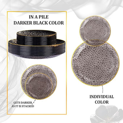 SUT 36Pcs Black Plastic Plates, Hammered Plates Disposable Heavy Duty, Black Disposable Plates With Gold Rim, Fancy Plastic plates Include 18 Dinner and 18 Dessert plates for Wedding