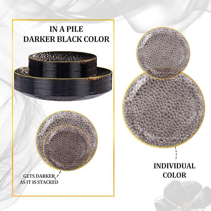 SUT 100Pcs Black Plastic Plates, Hammered Plates Disposable Heavy Duty, Black Disposable Plates With Gold Rim, Fancy Plastic plates Include 50 Dinner and 50 Dessert plates for Wedding