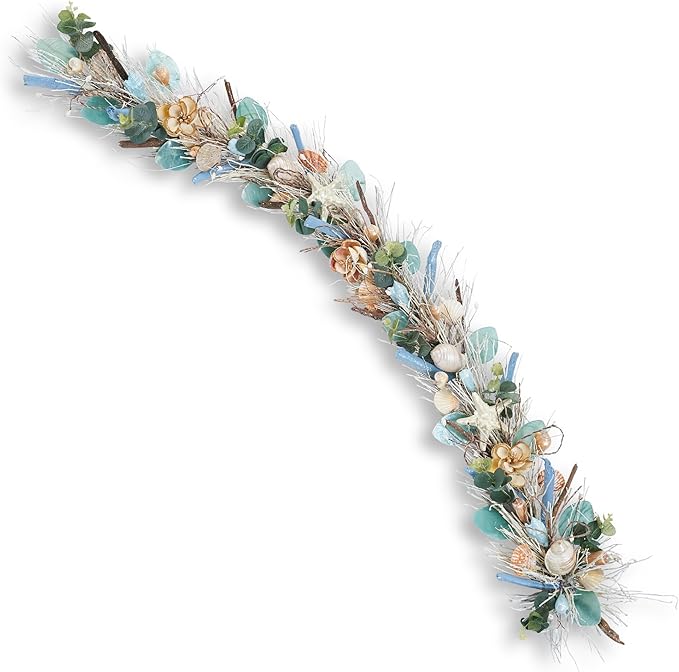 Holiday Tree 5' Coastal Shell Christmas Garland – Handcrafted Beach Christmas Decor with Capiz Shells, Driftwood & Twigs | Coastal Elegance for Mantle, Wall, Bedroom, Dining & Doorway