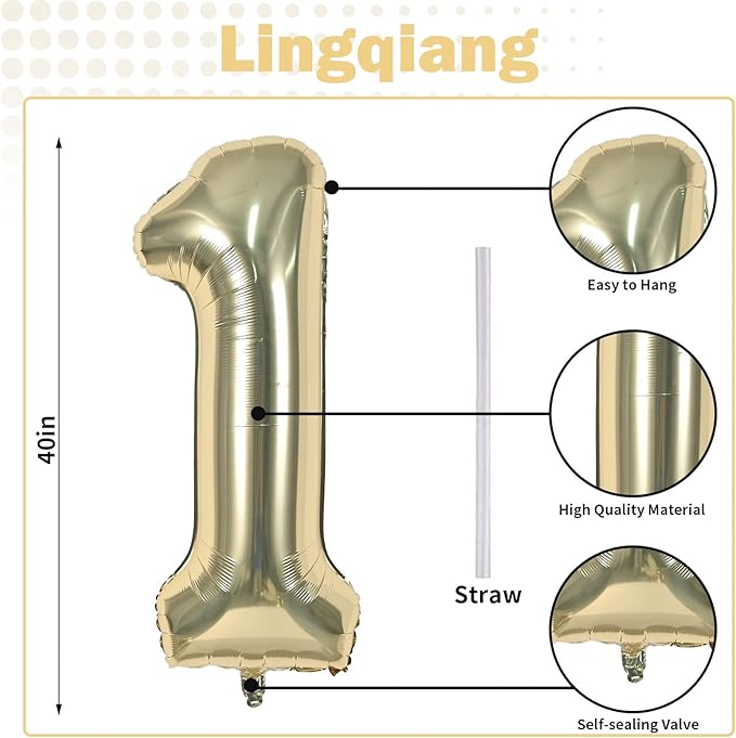 Champagne Gold Number 1 Balloons, 40 In Large Light Gold Number 1 Foil Helium Balloons for Girls Women, Self Inflating Number Balloons 0-9 for Men Boys 1st 10th Birthday Anniversary Party Decoration