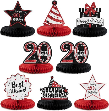 Happy 20th Birthday Decorations,20th Birthday Red Glitter Shiny Stand Honeycomb Table Centerpieces - Cheers to Twenty Years Old Birthday Party Photoprop Gift Sign.
