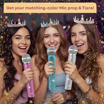 Bling Fake Microphone Prop and Crystal Tiara – Sparkly Rhinestone Toy Mic & Crown Girls Cosplay, Princess Dress Up