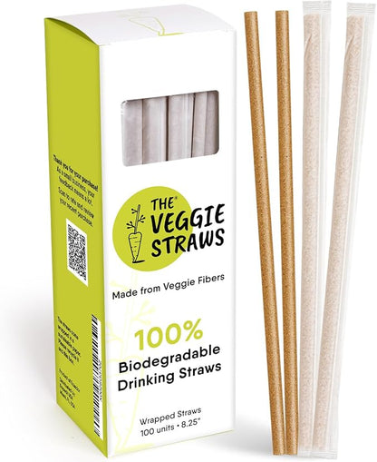 – 100 PCS of 8.25 Inches Individually Wrapped Biodegradable Straws – Made of Vegetable Fibers, Best Environment Friendly Drinking Straws for Hot and Cold Beverages