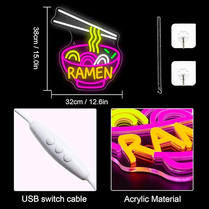 Lucunstar Ramen Neon Sign Colorful Neon Signs Noodle LED Sign for Wall Decor Pink Neon Lights for Party Neon Light Sign for Fast Food Kitchen Restaurants Bar Ramen LED Light Sign