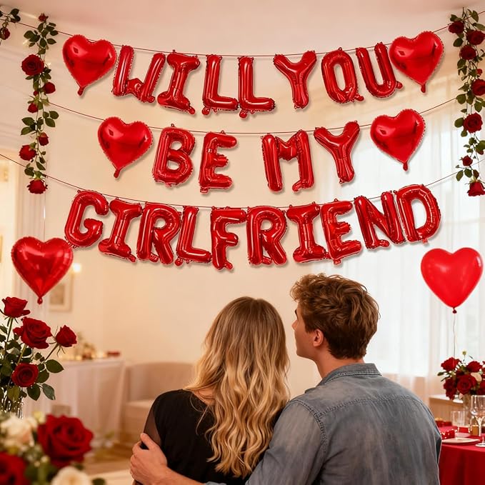 Will You Be My Girlfriend Balloons-16 Inch Red Foil Letters Balloon Heart Balloon Valentines Day Balloons for Wedding Engagements Proposals party Decorations