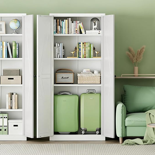 INTERGREAT Metal Storage Cabinet with Magnetic Doors, 63" H Modern Classic Style Metal Cabinets with 2 Doors and 4 Adjustable Shelves for Home Office, Kitchen, Bathroom (White)