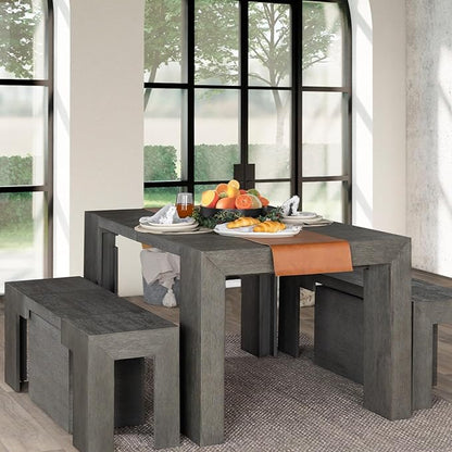 Transformer Table - Solid Wood Extendable Dining Table, Seats 2-12, Expandable Dining Room Table, Space-Saving Furniture, Kitchen and Dining Room Furniture (Dark Grey, Table + 2 Benches)
