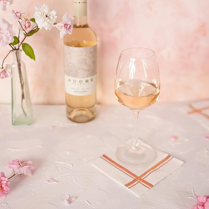 Rose Gold on White Cocktail Napkins - 100 Pack, 5" x 5", 3-Ply Paper - Style Name: Blissful Crossing