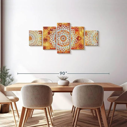 ElephantStock - Sun Like Mandala Symbols Wall Art - Horizontal Multi Panel Canvas - 5 Piece Living Room Wall Decor - Digital Art Elements Multi Piece Wall Art - Orange And Blue Decor - 68" x 30"