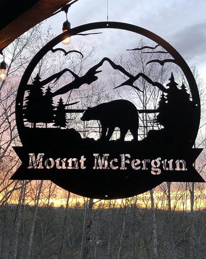 RealSteel Personalized Bear Metal Sign - Custom Outdoor Wall Art with Mountain Scene - Circular Design for Porch, Patio, Lawn & Garden Décor - Rust, 30"