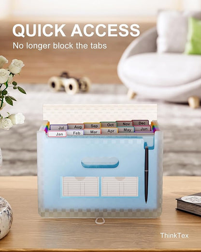 ThinkTex Accordion File Organizer, 12 - Pocket Expanding File Folders for Paper Receipts, Bills & Taxes Organizer, Letter/A4 Size Document Holder for School, Office, Home with Colorful tabs- Blue