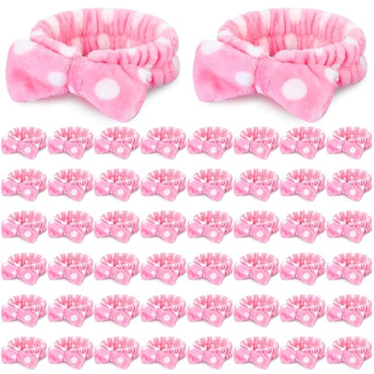 50 Pcs Pink Spa Headband Bulk Spa Sleepover Party Supplies for Washing Face with Removable Bow Makeup Elastic Bowknot Headbands for Women Gifts Soft Skincare Microfiber Hairbands(Dots Style)