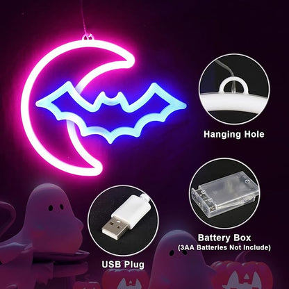 BRIGHTDECK 2 Pack Halloween Neon Signs, White Ghost, Blue Bat Full Moon Neon Lights Decorations, USB/Battery Powered Led Neon Sign for Halloween Wall Decor, Bedroom, Kids Gift, Living Room, Bar, Party (Half Moon)