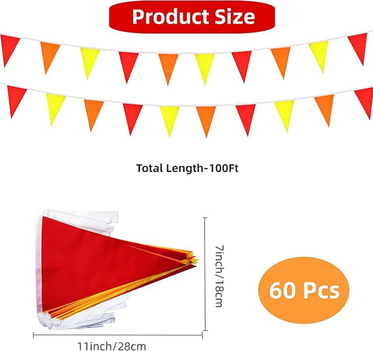 100 Feet 60 Pcs Red Yellow and Orange Pennant Banner Flag String Hanging Triangle DIY Flag, Bunting Streamers Decorations for Grand Opening, Birthday, Wedding Celebration (Red Yellow & Orange)