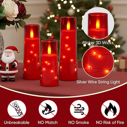 Raycare Flameless Candle with Remote Timer – 9 Flickering Acrylic Battery Operated LED Pillar Candles with Embedded Star String for Christmas, Home Decor, and as a Gift (Red)