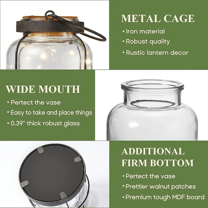 Vintage Farmhouse Lantern Decor with Hidden Switch Lid, LED Lighted Rustic Glass Vase for Floral Arrangements, Table Centerpiece Vintage Farmhouse Flower Vase-Metal Cage