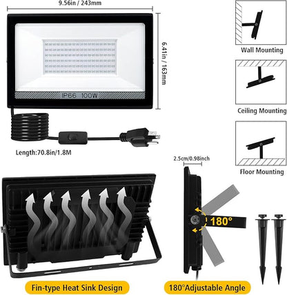 T-SUN 2 Pack 100W LED Black Lights, Blacklight Flood Light with Plug, Halloween Blacklight Outdoor, IP66 Waterproof Flood Light for Glow Party, Body Paint, Fluorescent Poster, Stage, Neon Glow
