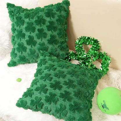 GEEORY St. Patrick's Day Soft Plush Green Shamrock Pillow Covers 18 x 18 Inch Set of 2, Lucky Clover Faux Fur Wool Farmhouse Throw Pillowcases for Home Sofa Couch Cushion Decoration GC012-18