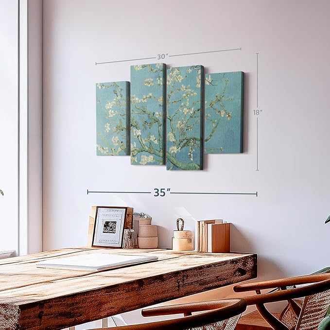 ElephantStock Almond Blossoms Wall Art - Horizontal Canvas - 4-Piece Living Room Wall Decor - Flower Painting Canvas Print - Blue and Green Decor for Wall by Vincent Van Gogh - 30" X 18"