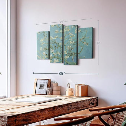 ElephantStock Almond Blossoms Wall Art - Horizontal Canvas - 4-Piece Living Room Wall Decor - Flower Painting Canvas Print - Blue and Green Decor for Wall by Vincent Van Gogh - 30" X 18"