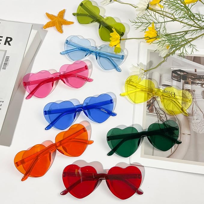 SUNOVELTIES 18 Heart Shape Rimless Sunglasses Transparent Candy Color Party Glasses Colored Eyewear for Women