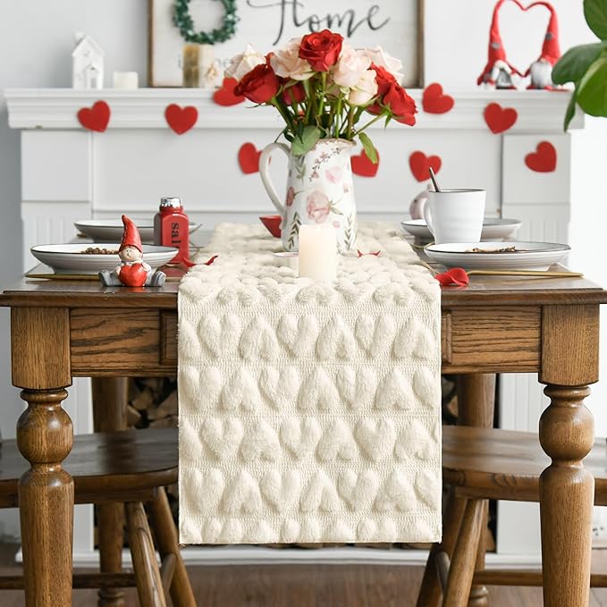Artoid Mode Beige Soft Plush Faux Fur Jacquard Heart Valentine's Day Table Runner, Seasonal Kitchen Dining Table Decoration for Home Party Decor 13x72 Inch