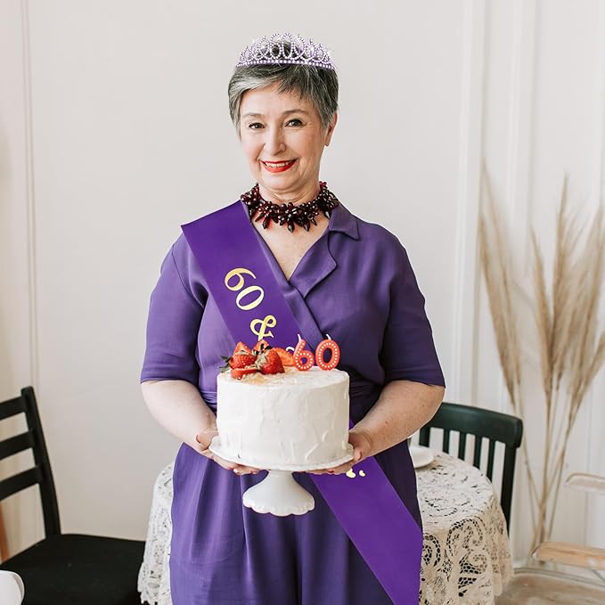 CIEHER 60th Birthday Crown and Sash - Purple 60th Decorations Women's 60 & Fabulous Sash