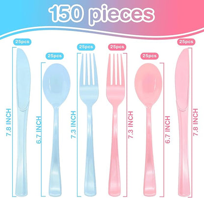 150 Pcs Pink and Blue Silverware Heavy Duty Pink and Blue Plastic Cutlery - 50 Plastic Forks, 50 Knives, 50 Spoons for Birthday, Baby Shower, Gender Reveal