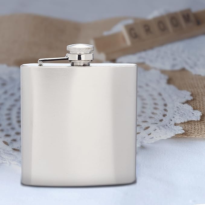 Murano Stainless Steel Hip Flasks 6 oz. Set of 10, Bulk Pack - Screw on Cap, Great for Wedding Party Gifts, Groomsmen Gifts, Outdoor Activities - Silver